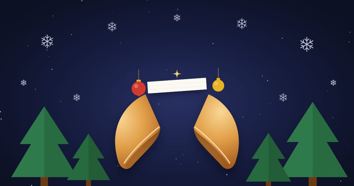 Ilustración: una galleta de la suerte abierta entre abetos, adornos y copos de nieve.