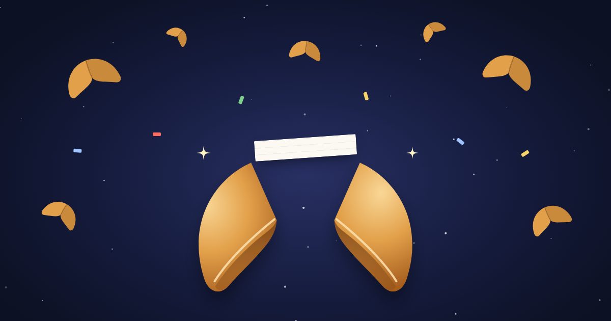Ilustración: una galleta de la suerte abierta entre una lluvia de galletas y confeti.