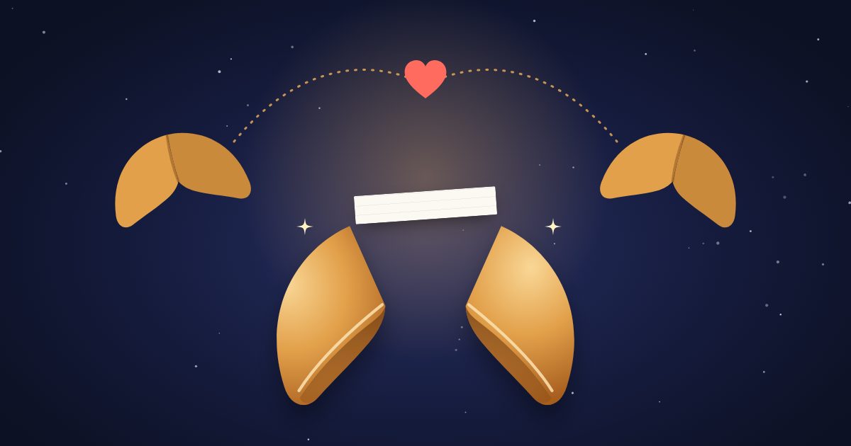 Ilustración: una galleta de la suerte abierta entre dos galletas unidas por un corazón.