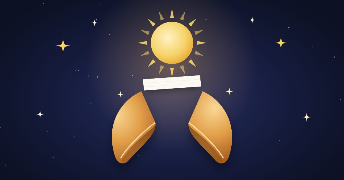 Ilustración: una galleta de la suerte abierta bajo un sol radiante.
