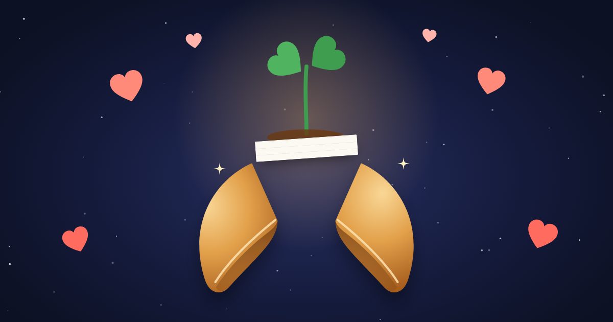 Ilustración: una galleta de la suerte abierta con un brote de hojas en forma de corazón.