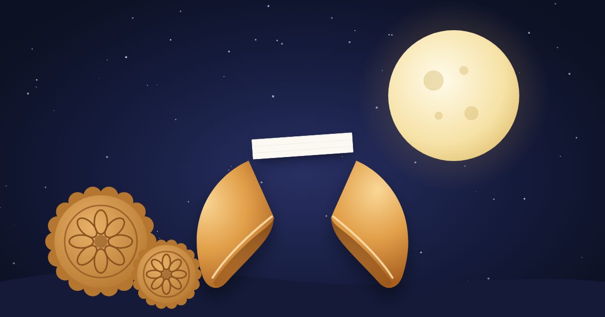 Ilustración: una galleta de la suerte abierta bajo la luna llena, junto a dos pasteles de luna.