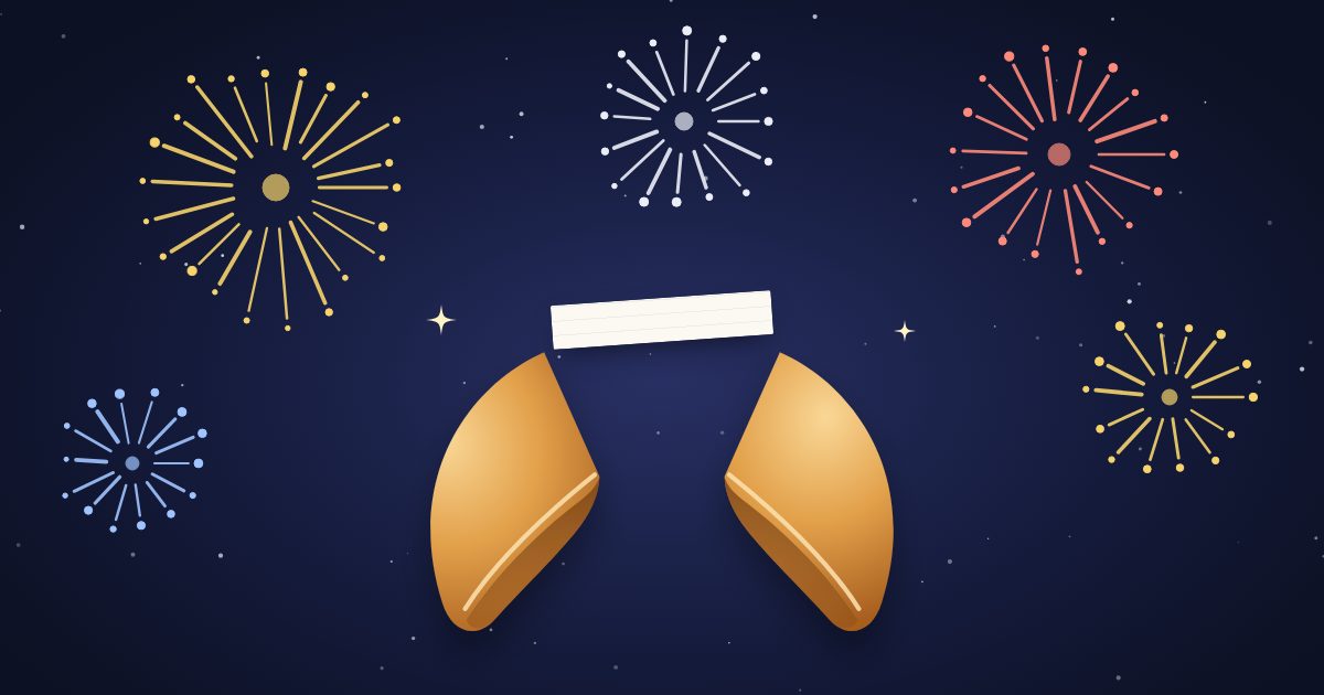 Ilustración: una galleta de la suerte abierta bajo fuegos artificiales.