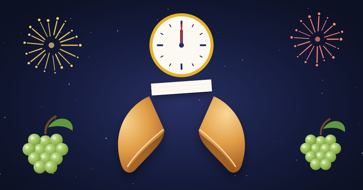 Ilustración: una galleta de la suerte abierta bajo un reloj que marca las doce, con uvas y fuegos artificiales.