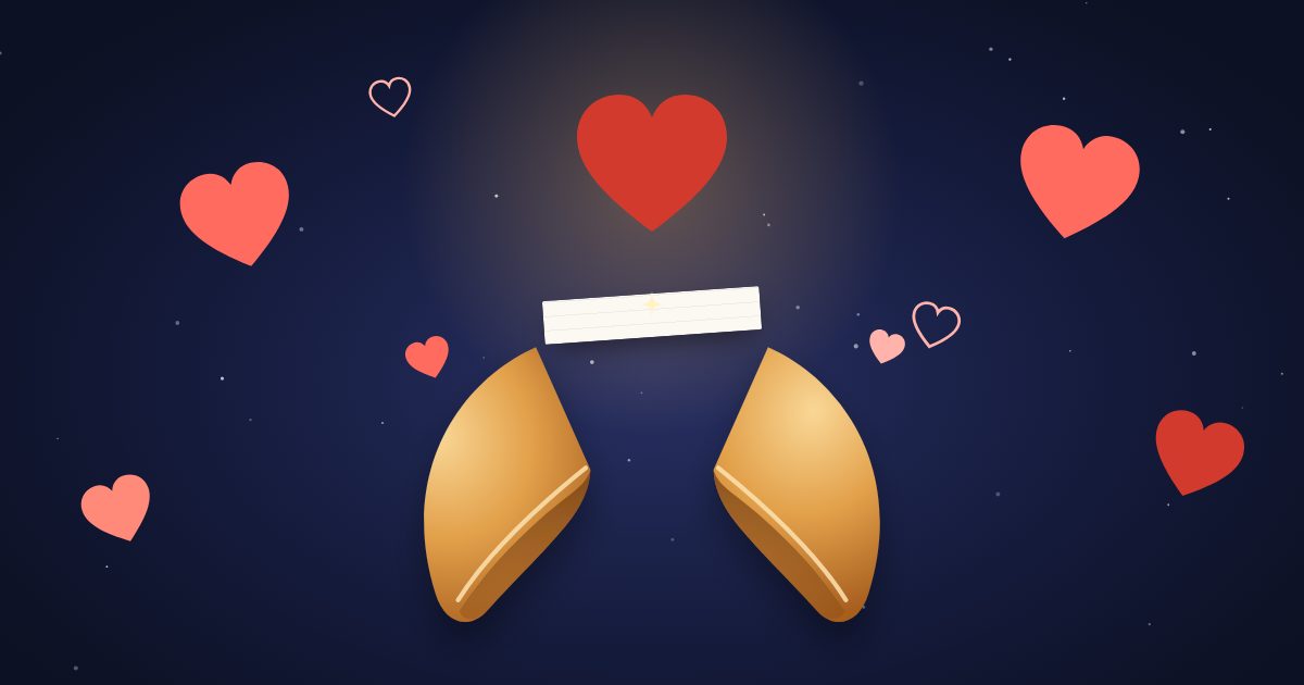 Ilustración: una galleta de la suerte abierta rodeada de corazones.